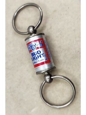 Bud Light Beer Can Keychain With Double Rings Vintage Novelty Silver-Tone Collec